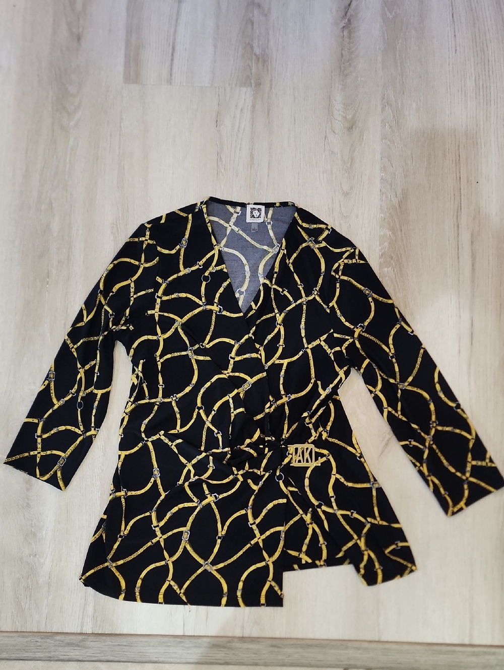 Anne Klein Black Tunic with Gold Chain Motif and Side Tie